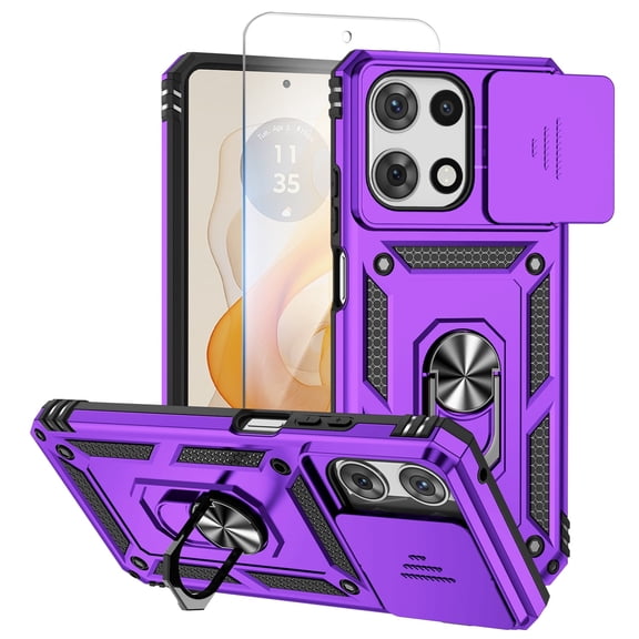 Allytechgroup Moto G 5G 2025 Case with Screen Protector, Sliding Camera Cover Rotating Kickstand Ring Holder Anti-Scratch Rugged Hybrid Phone Case Cover for Motorola Moto G 5G 2025, Purple