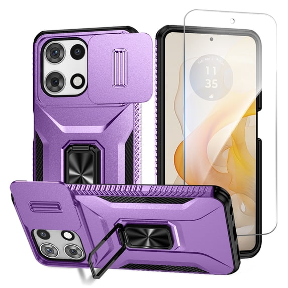 Allytechgroup Moto G 5G 2025 Case with Screen Protector, Sliding Camera Lens Cover Military Grade Shockproof Anti-Scratch Ring Holder Stand Phone Case for Motorola Moto G 5G 2025, Purple