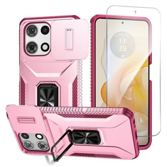 Allytechgroup Moto G 5G 2025 Case with Screen Protector, Sliding Camera Lens Cover Military Grade Shockproof Anti-Scratch Ring Holder Stand Phone Case for Motorola Moto G 5G 2025, Pink