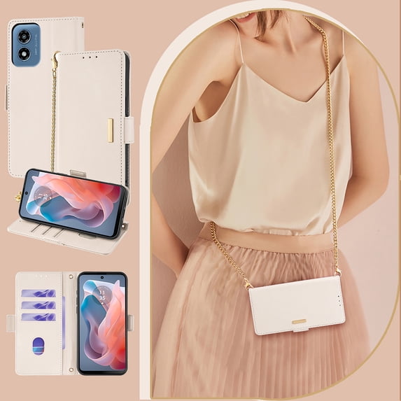 Allytechgroup Moto G Play 2023 Case Wallet, PU Leather Cards Slots RFID Blocking Flip Cover Metal Strap Hand Wrist Shockproof Stylish Women Phone Case for Moto G Play 2023, White