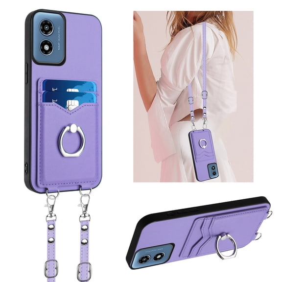 Allytechgroup Moto G Play 4G (2024) Case with Cards Holder, Crossbody Shoulder Strap Ring Holder Kicsktand Bumper Shockproof Slim Fit Wallet Case Cover for Moto G Play 4G (2024), Purple