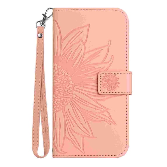 Allytechgroup for Moto G Play 4G 2024 Case with Hand Strap, RFID Blocking Embossed Sunflower PU Leather Wallet Case with Credit Card Slot Shockproof Magnetic Snap Protective Case, Pink