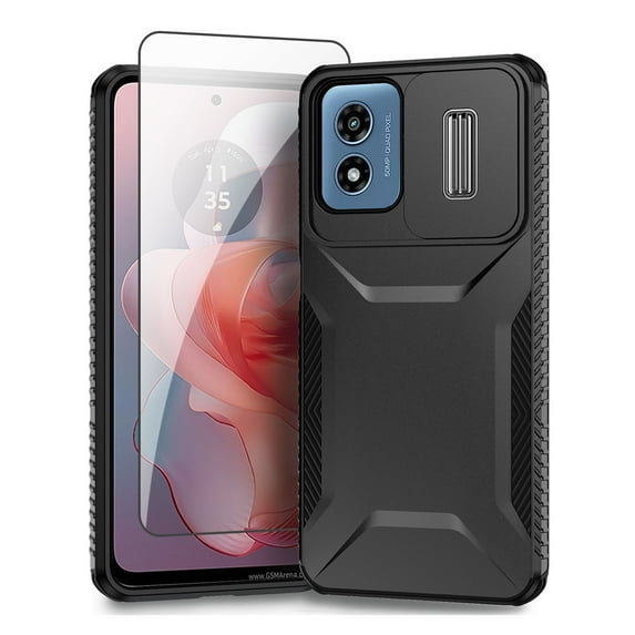 Allytechgroup Moto G Play 4G 2024 Case with Screen Protector, Sliding Lens Protector Shockproof Bumper Rugged Hybrid Back Cover Shell for Motorola Moto G Play 4G 2024, Black
