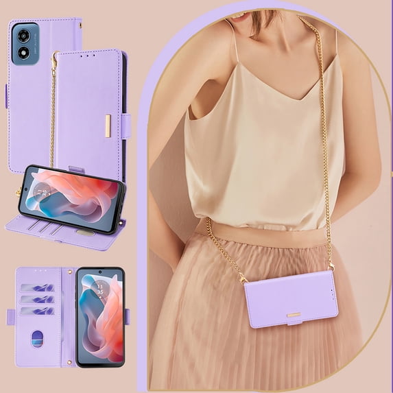 Allytechgroup Moto G Play 4G 2024 Case Wallet, PU Leather Cards Slots RFID Blocking Flip Cover Metal Strap Hand Wrist Shockproof Stylish Women Phone Case for Moto G Play 4G 2024, Purple