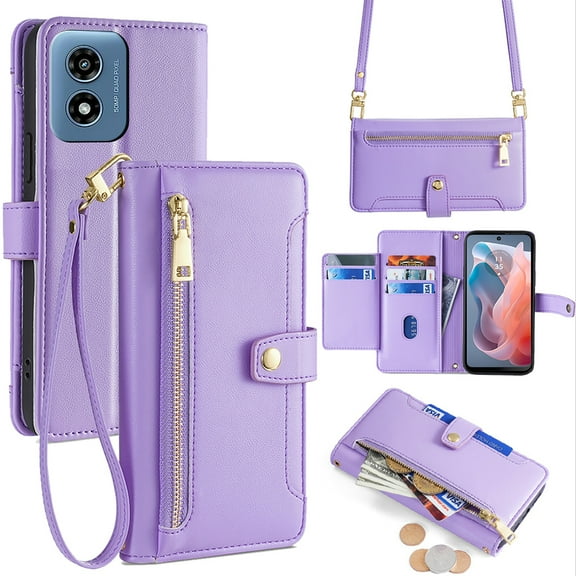 Allytechgroup for Moto G Stylus 5G 2025 Wallet Case Cover, Large Space Cards Slots Zipper Pocket Shoulder Strap Kickstand Shockproof Wallet Phone Case for Moto G Stylus 5G 2025 - Purple