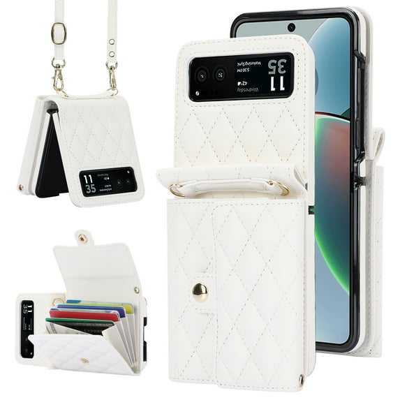 Allytechgroup Moto Razr 2024 Wallet Case with Shoulder Strap, Premium PU Leather Multiple Cards Slots Protective Shockproof Portable Phone Case Cover for Motorola Moto Razr 2024, White