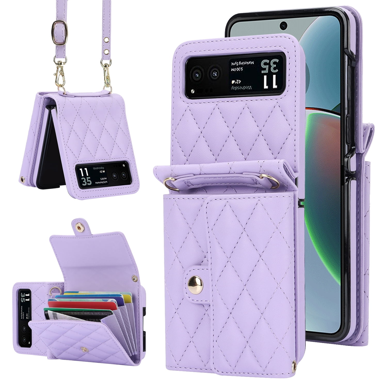 Allytechgroup Moto Razr 2025 Wallet Case with Shoulder Strap, Premium PU Leather Multiple Cards Slots Protective Shockproof Portable Phone Case Cover for Motorola Moto Razr 2025, Purple