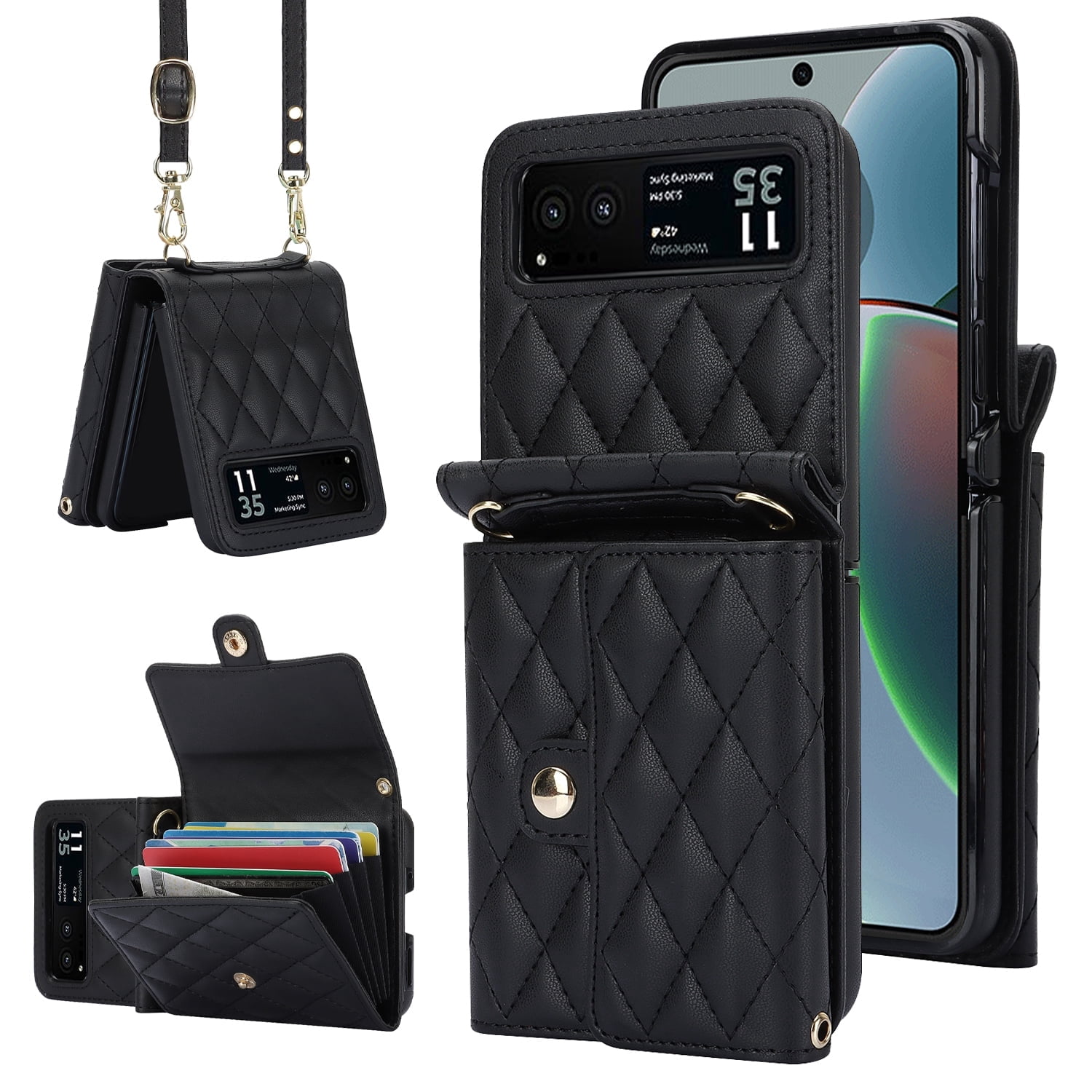 Allytechgroup Moto Razr 2025 Wallet Case with Shoulder Strap, Premium PU Leather Multiple Cards Slots Protective Shockproof Portable Phone Case Cover for Motorola Moto Razr 2025, Black