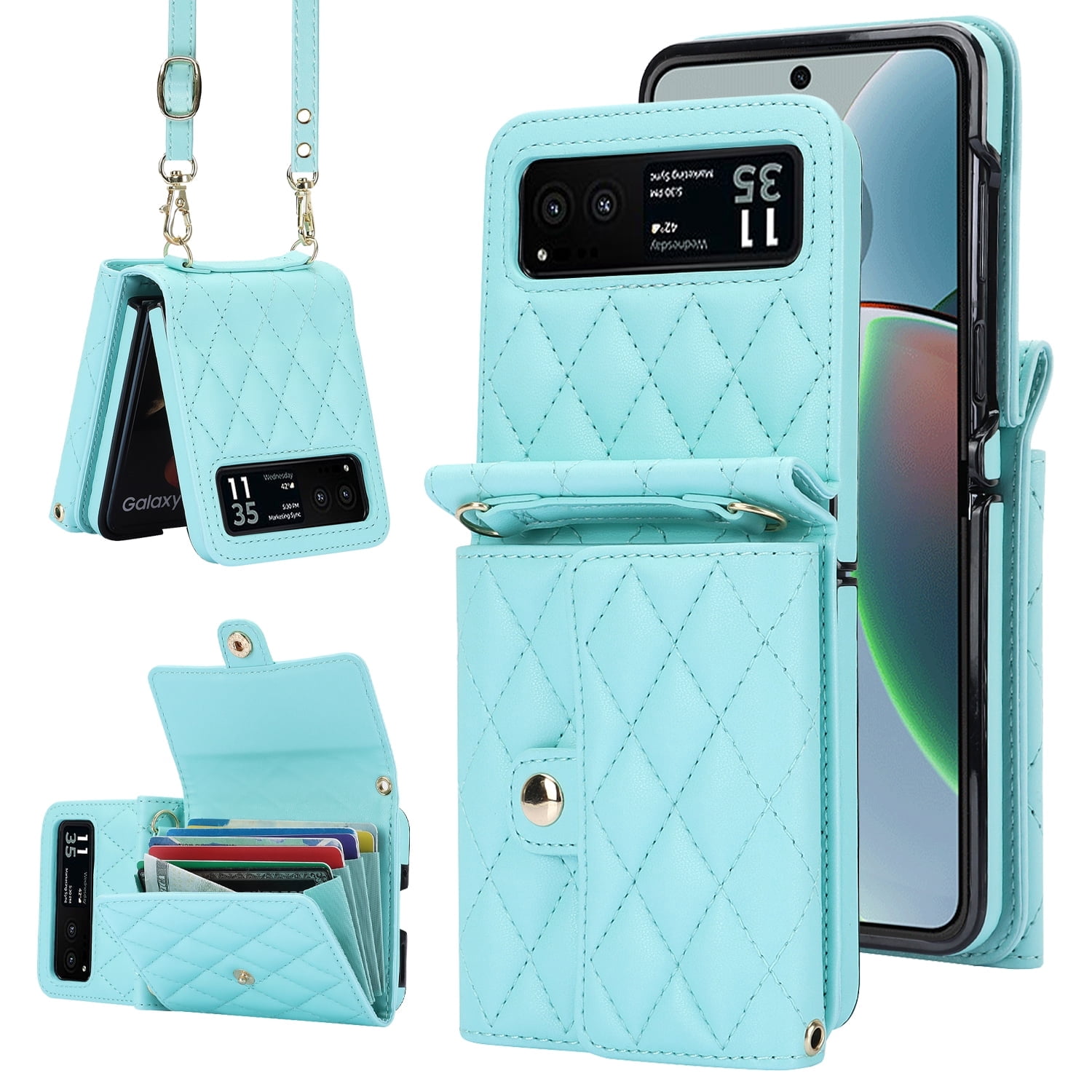 Allytechgroup Moto Razr 2025 Wallet Case with Shoulder Strap, Premium PU Leather Multiple Cards Slots Protective Shockproof Portable Phone Case Cover for Motorola Moto Razr 2025, Green
