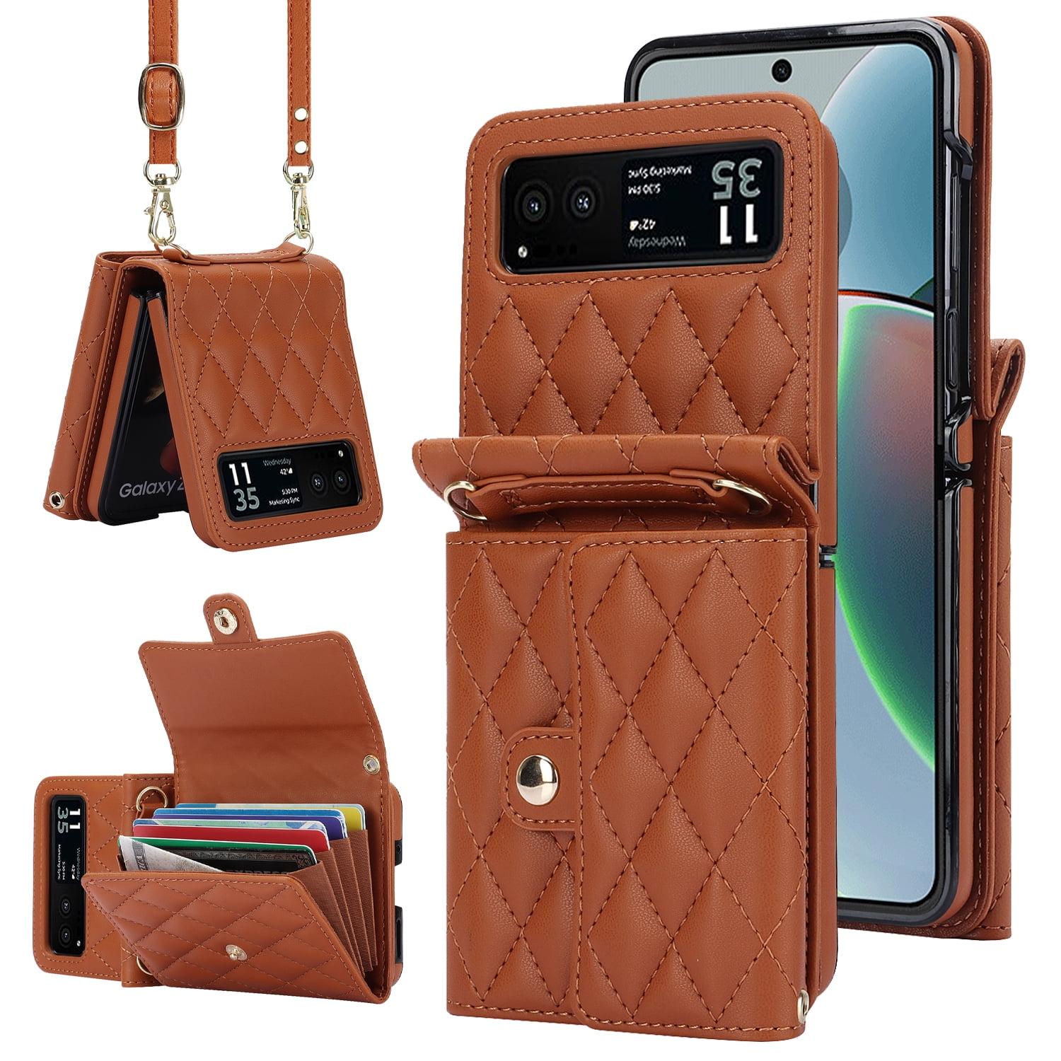 Allytechgroup Moto Razr 2025 Wallet Case with Shoulder Strap, Premium PU Leather Multiple Cards Slots Protective Shockproof Portable Phone Case Cover for Motorola Moto Razr 2025, Brown