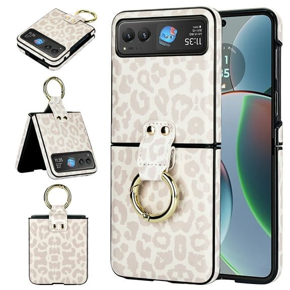 Allytechgroup Moto Razr 40 Case with Ring Holder Stand, Premium PU Leather Stylish Shockproof Anti-Scratch Portable Phone Case Cover for Motorola Moto Razr 40, White Leopard