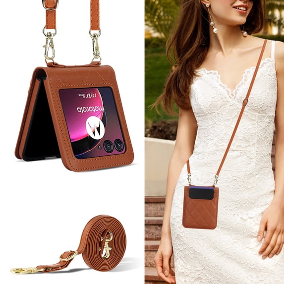 Allytechgroup Moto Razr 40 Ultra Wallet Case with Cards Holder, with Shoulder Strap Premium PU Leather Protective Shockproof Hand Wrist Phone Case Cover for Motorola Moto Razr 40 Ultra 2023, Brown
