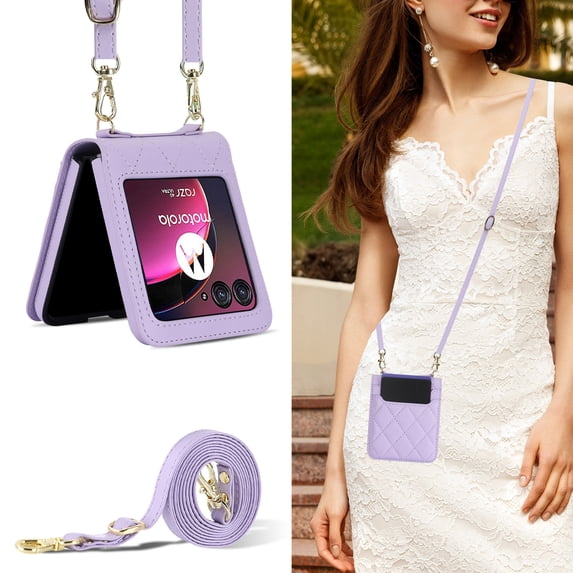 Allytechgroup Moto Razr 40 Ultra Wallet Case with Cards Holder, with Shoulder Strap Premium PU Leather Protective Shockproof Hand Wrist Phone Case Cover for Motorola Moto Razr 40 Ultra 2023, Purple