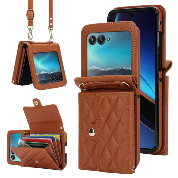 Allytechgroup Moto Razr 40 Ultra Wallet Case with Shoulder Strap, Premium PU Leather Multiple Cards Slots Protective Shockproof Portable Phone Case Cover for Motorola Moto Razr 40 Ultra 2023, Brown