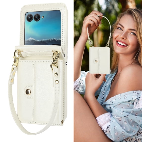 Allytechgroup Moto Razr 40 Ultra Wallet Case, Stylish Practical Protective Premium PU Leather Cards Slots Hand Wrist Crossbody Strap Phone Case for Motorola Moto Razr 40 Ultra, White