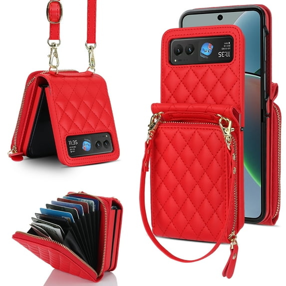 Allytechgroup Moto Razr 40 Wallet Case with Hand Wrist Shoulder Strap, Premium PU Leather Cards Slots Zipper Pocket Shockproof Protective Phone Case Cover for Motorola Moto Razr 40, Red