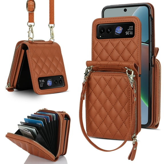 Allytechgroup Moto Razr 40 Wallet Case with Hand Wrist Shoulder Strap, Premium PU Leather Cards Slots Zipper Pocket Shockproof Protective Phone Case Cover for Motorola Moto Razr 40, Brown