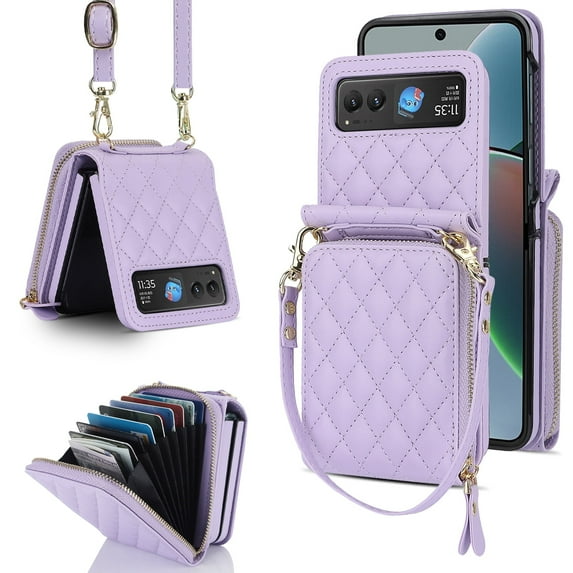 Allytechgroup Moto Razr 40 Wallet Case with Hand Wrist Shoulder Strap, Premium PU Leather Cards Slots Zipper Pocket Shockproof Protective Phone Case Cover for Motorola Moto Razr 40, Purple