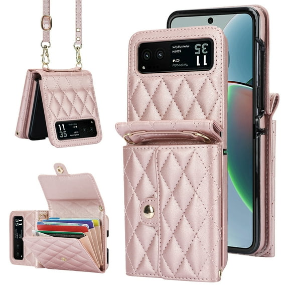 Allytechgroup Moto Razr 40 Wallet Case with Shoulder Strap, Premium PU Leather Multiple Cards Slots Protective Shockproof Portable Phone Case Cover for Motorola Moto Razr 40 2023, Rosegold