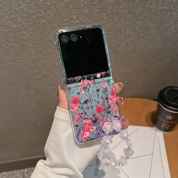 Allytechgroup Moto Razr+ Plus 2024 Case with Hand Strap, Slim Flexible TPU Clear Back Cover with Stylish Flower Pattern Scratch-Proof Drop Protection Phone Case for Motorola Razr+ 2024