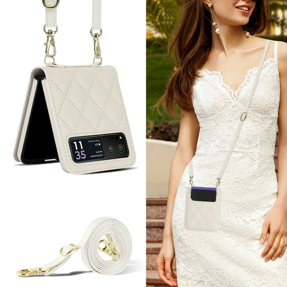 Allytechgroup Moto Razr Ultra 2025 Wallet Case with Cards Holder, with Shoulder Strap Premium PU Leather Protective Shockproof Hand Wrist Phone Case Cover for Motorola Moto Razr Ultra 2025, White