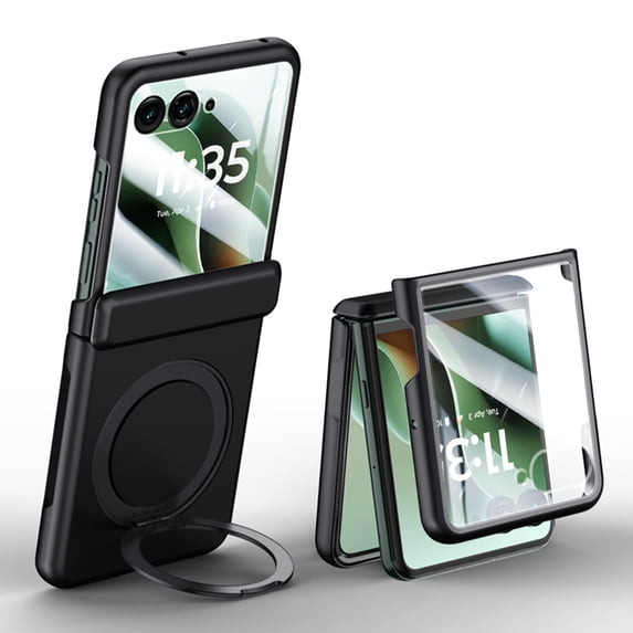 Allytechgroup Motooral Razr Ultra 2025 Case with Tempered Glass Screen Protector, Rotating Ring Kickstand Magnetic Cover Compatible with Mag-safe Slim Rugged Phone Case for Razr Ultra 2025, Black