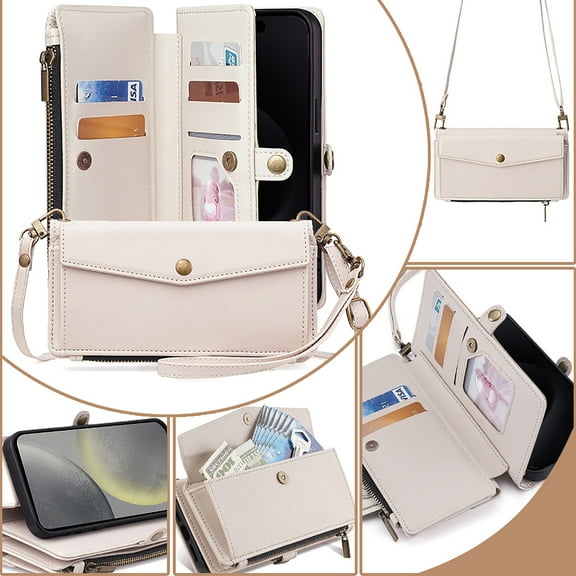 Allytechgroup for Motorola Edge (2024) Case Cover, Multifunctional Phone Case with Zipper Pocket Shoulder Strap Hand Wrist Cards Holder Stand Feature Case Shockproof Protective Bumper, White