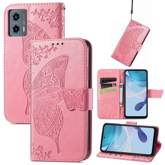 Allytechgroup for Motorola Edge (2025) Flip Wallet Case, Luxury PU Leather [Butterfly & Flower Embossed] Built-in Card Slots & Cash Pocket, Shockproof Wrist Strap Case for Women Men, Pink