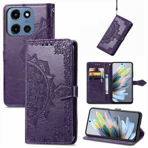 Allytechgroup for Motorola Edge (2025) Wallet Case, PU Leather with Embossed Pattern, Magnetic Clasp Kickstand Card Cash Slots Shockproof Slim Flip Case with Hand Strap for Women Men, Purple