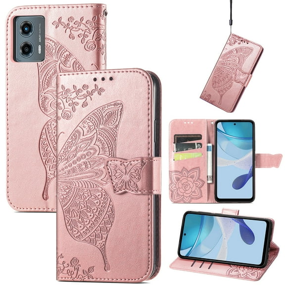 Allytechgroup for Motorola Moto G (2025) Flip Wallet Case, Luxury PU Leather [Butterfly & Flower Embossed] Built-in Card Slots & Cash Pocket, Shockproof Wrist Strap Case, Rosegold