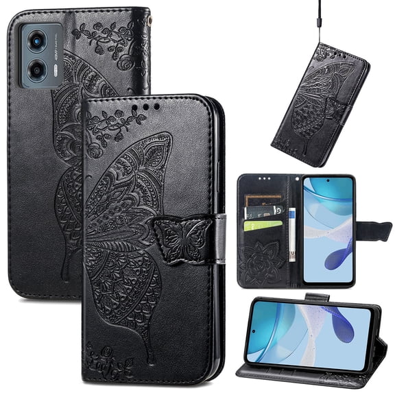 Allytechgroup for Motorola Moto G (2025) Flip Wallet Case, Luxury PU Leather [Butterfly & Flower Embossed] Built-in Card Slots & Cash Pocket, Shockproof Wrist Strap Case, Black