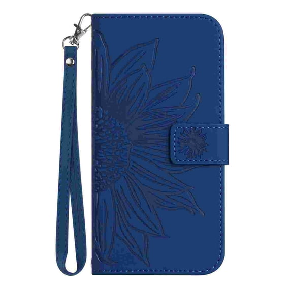 Allytechgroup for Motorola Moto G 5G (2024) Case with Hand Strap, RFID Blocking Embossed Sunflower PU Leather Wallet Case with Credit Card Slot Shockproof Magnetic Snap Protective Case, Darkblue