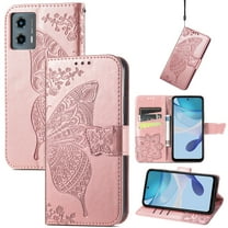 Allytechgroup for Motorola Moto G 5G (2024) Flip Wallet Case, Luxury PU Leather [Butterfly & Flower Embossed] Built-in Card Slots & Cash Pocket, Shockproof Wrist Strap Case, Rosegold