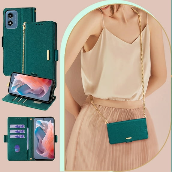 Allytechgroup Motorola Moto G Power 2023 Case Wallet, PU Leather Cards Slots RFID Blocking Flip Cover Metal Strap Hand Wrist Shockproof Stylish Women Phone Case for Motorola Moto G Power 2023, Green