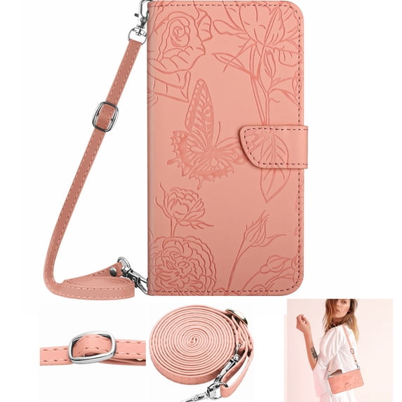 Allytechgroup for Motorola Moto G Power (2025) Case with Lanyard, Crossbody Shoulder Strap Hand Wrist Cards Holder Stand Flip Cover with Mangetic Closure Shockproof Back Cover for Women Girls, Pink
