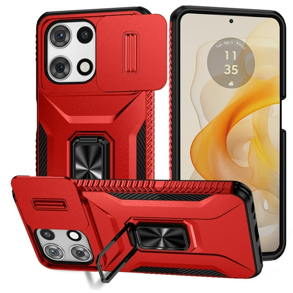 Allytechgroup for Motorola Moto G Stylus 5G 2025 Case, Sliding Camera Lens Cover Military Grade Protection Stand Bracket Bumper Rugged TPU PC Phone Case for Motorola G Stylus 5G (2025), Red