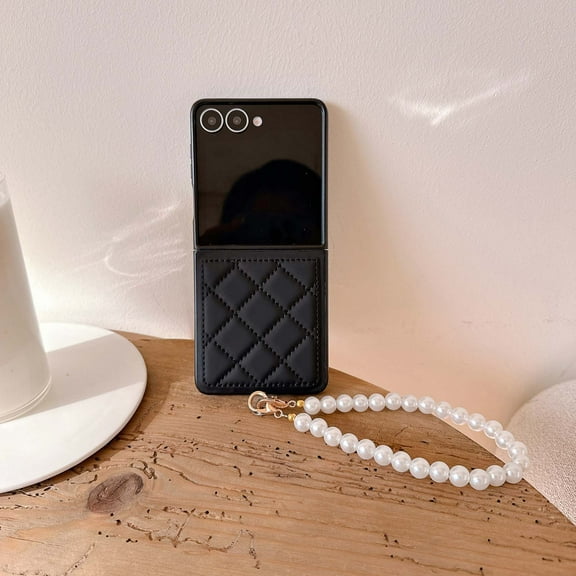 Allytechgroup for Motorola Razr+ 2024 Case with Pearl Hand Strap, Stylish Fashion Back Cover Anti-Scratch Shockproof Protective Slim Fit Shell Bumper Phone Case for Girls Women, Black