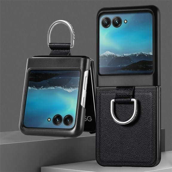 Allytechgroup Motorola Razr 2024 Case with Ring Holder, Slim Fit Shell Vintage PU Leather Back Cover Anti-Scratch Shock Resistant Phone Case for Motorola Razr 2024 - Black