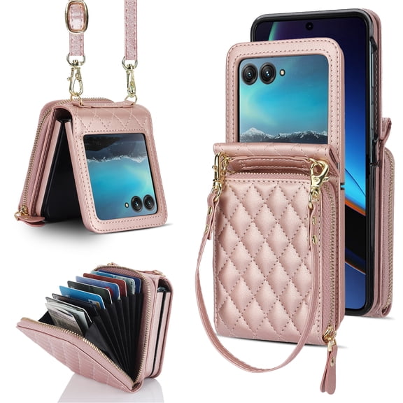 Allytechgroup for Motorola Razr+ 2024 Wallet Case with Hand Wrist Shoulder Strap, PU Leather Cards Slots Zipper Pocket Shockproof Protective Phone Case Cover for Moto Razr 50ultra, Rosegold