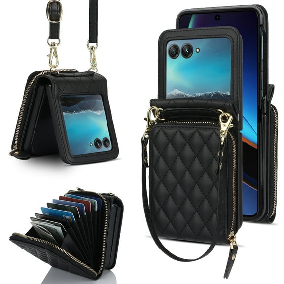 Allytechgroup for Motorola Razr+ 2024 Wallet Case with Hand Wrist Shoulder Strap, PU Leather Cards Slots Zipper Pocket Shockproof Protective Phone Case Cover for Moto Razr 50ultra, Black