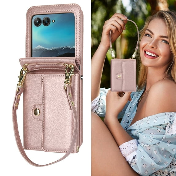 Allytechgroup for Motorola Razr+ 2024 Wallet Case, Stylish Practical Protective Premium PU Leather Cards Slots Hand Wrist Crossbody Strap Phone Case for Motorola Razr+ 2024, Rosegold