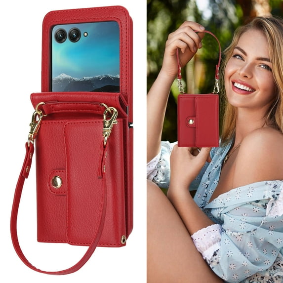 Allytechgroup for Motorola Razr+ 2024 Wallet Case, Stylish Practical Protective Premium PU Leather Cards Slots Hand Wrist Crossbody Strap Phone Case for Motorola Razr+ 2024, Red