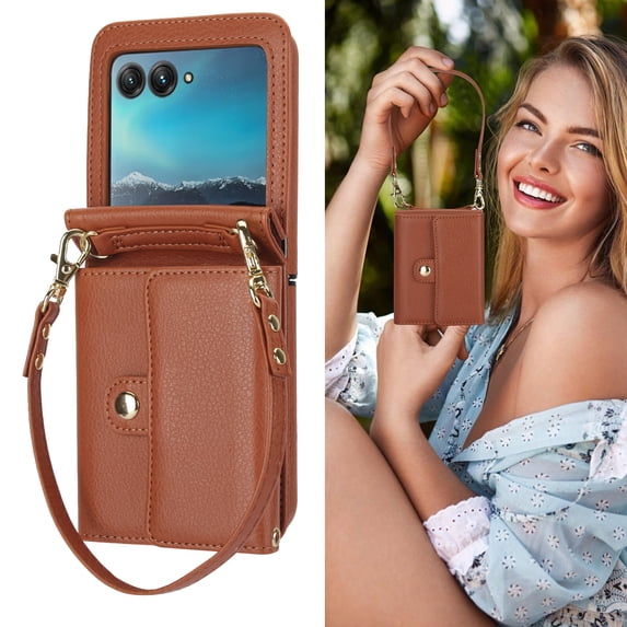Allytechgroup for Motorola Razr 2024 Wallet Case, Stylish Practical Protective Premium PU Leather Cards Slots Hand Wrist Crossbody Strap Phone Case for Motorola Razr 2024, Brown