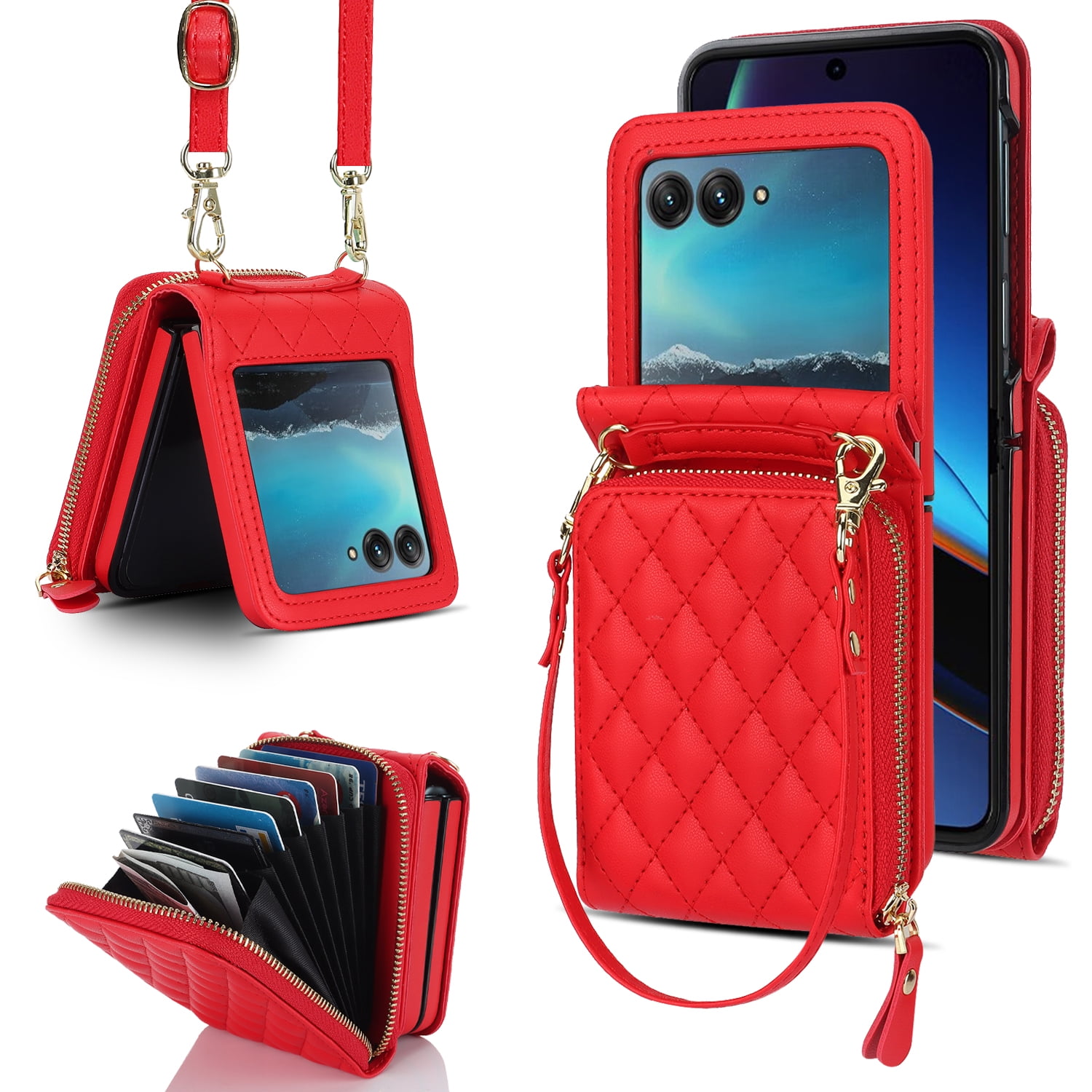 Allytechgroup for Motorola Razr 2025/2024 Wallet Case with Hand Wrist Shoulder Strap, PU Leather Cards Slots Zipper Pocket Shockproof Protective Phone Case Cover for Motorola Razr 50/60, Red