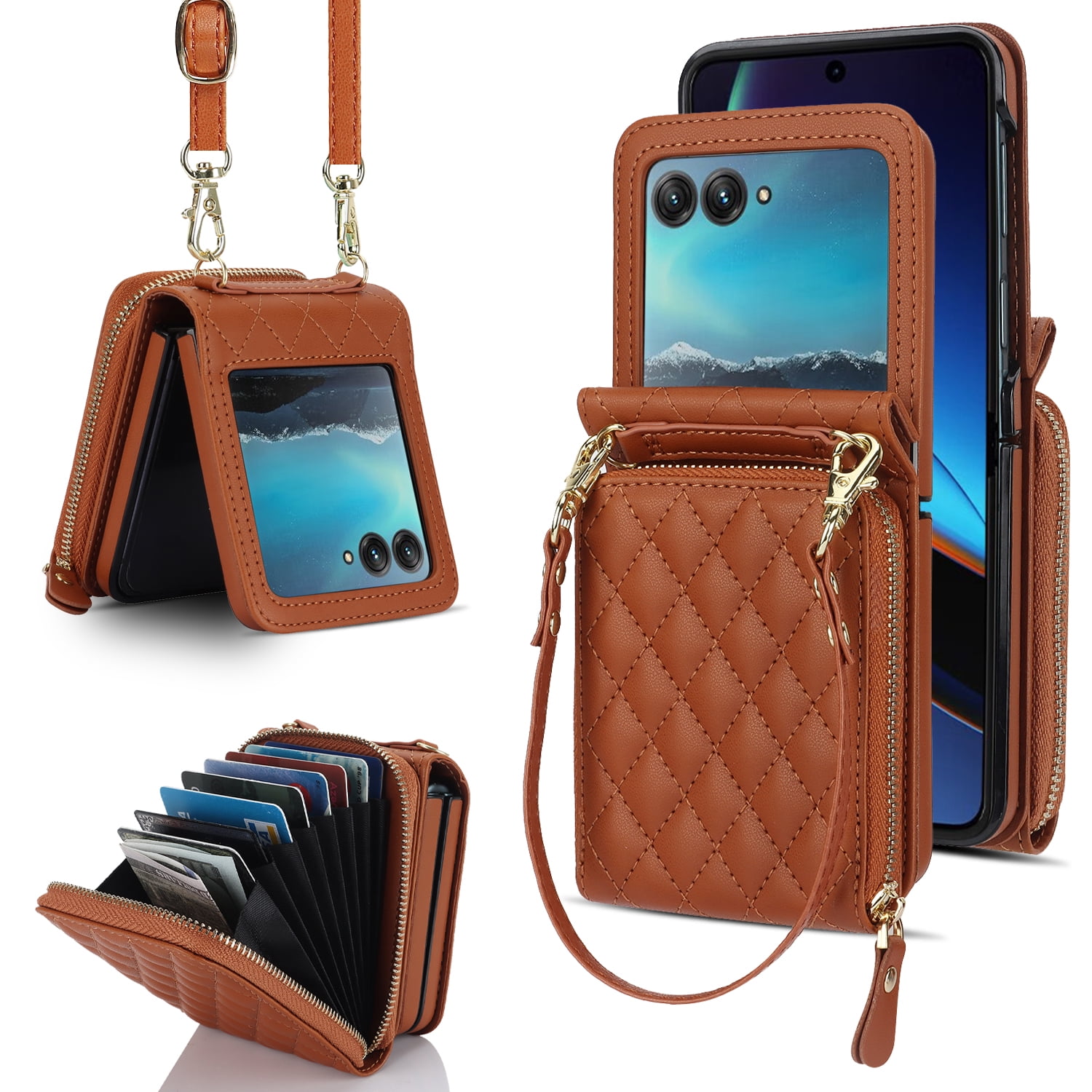 Allytechgroup for Motorola Razr 2025/2024 Wallet Case with Hand Wrist Shoulder Strap, PU Leather Cards Slots Zipper Pocket Shockproof Protective Phone Case Cover for Motorola Razr 50/60, Brown