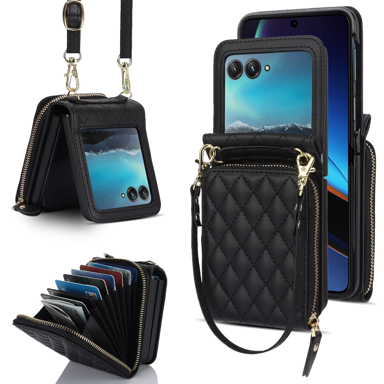 Allytechgroup for Motorola Razr 2025/2024 Wallet Case with Hand Wrist Shoulder Strap, PU Leather Cards Slots Zipper Pocket Shockproof Protective Phone Case Cover for Motorola Razr 50/60, Black
