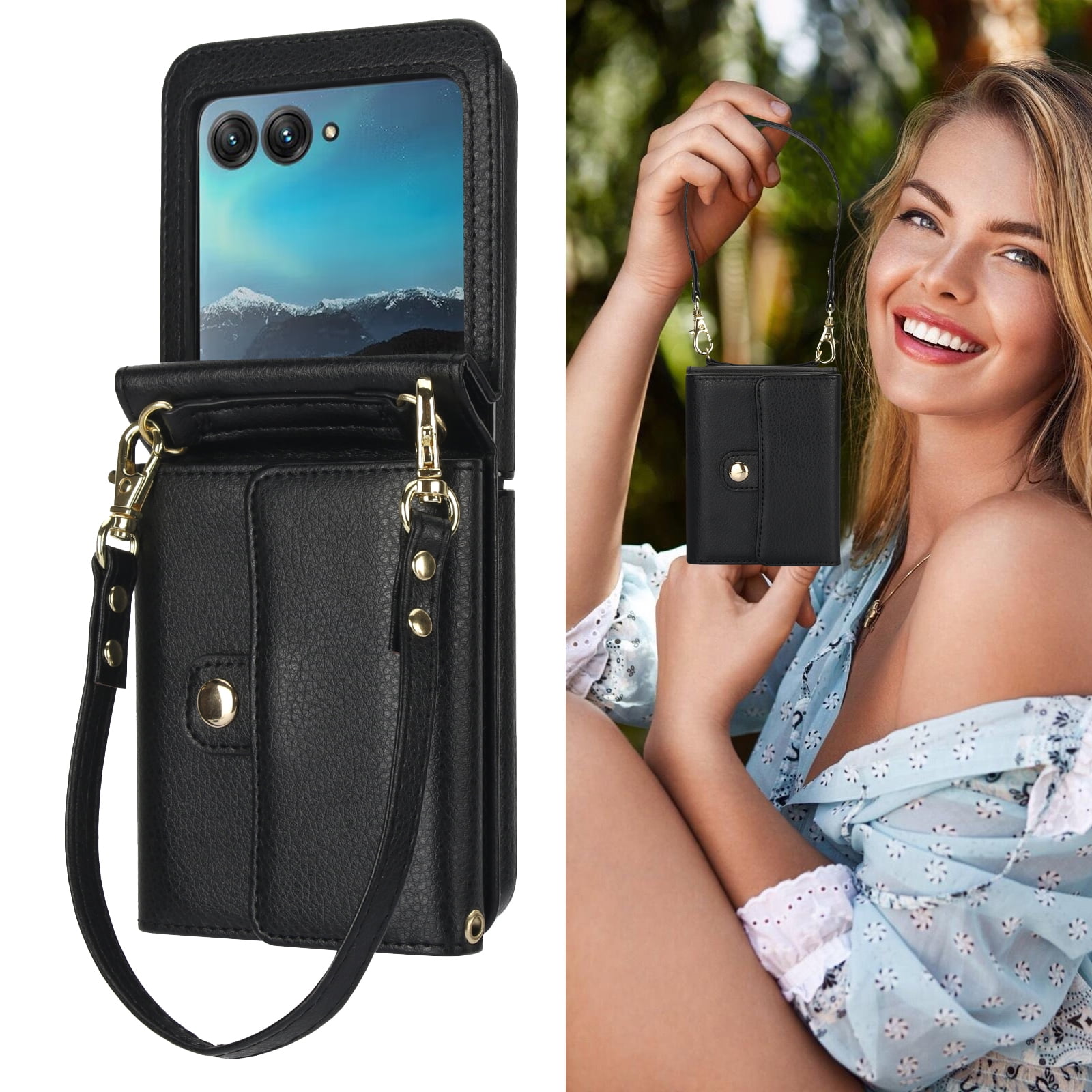 Allytechgroup for Motorola Razr 2025 Wallet Case, Stylish Practical Protective Premium PU Leather Cards Slots Hand Wrist Crossbody Strap Phone Case for Motorola Razr 2025, Black