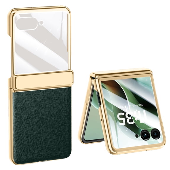 Allytechgroup for Motorola Razr Ultra 2025 Case with Screen Protector, Faux Leather Electroplating TPU Full Body Shockproof Anti-Scratch Bumper Rugged Phone Case for Motorola Razr Ultra 2025,Darkgreen