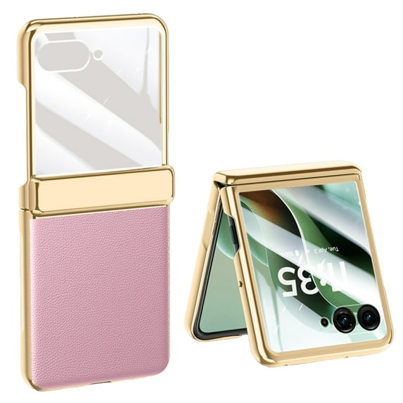 Allytechgroup for Motorola Razr Ultra 2025 Case with Screen Protector, Faux Leather Electroplating TPU Full Body Shockproof Anti-Scratch Bumper Rugged Phone Case for Motorola Razr Ultra 2025,Pink