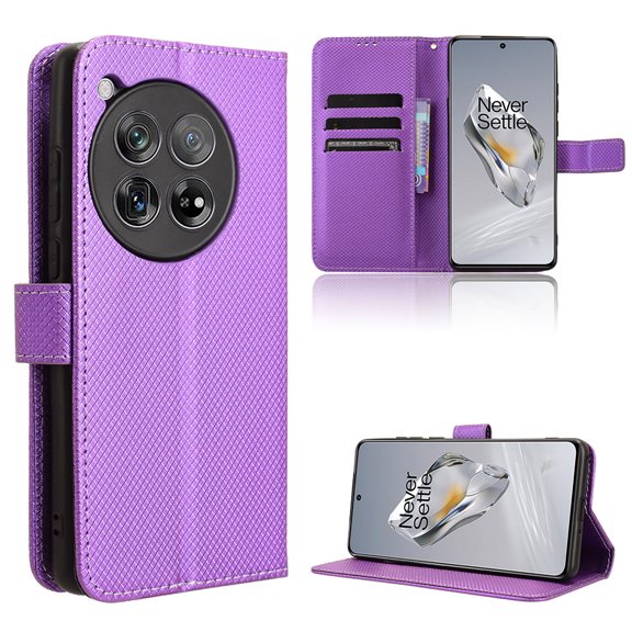 Allytechgroup OnePlus 12 5G 2024 Case, Premium PU Leather Shockproof Cards Slots Flip Stand Bumper Hand Wrist Wallet Phone Case for OnePlus 12, Purple